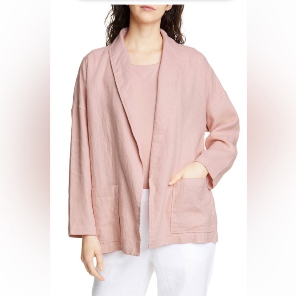 Eileen Fisher 100% Organic Linen Light Pink Shawl Collar Oversized Blazer